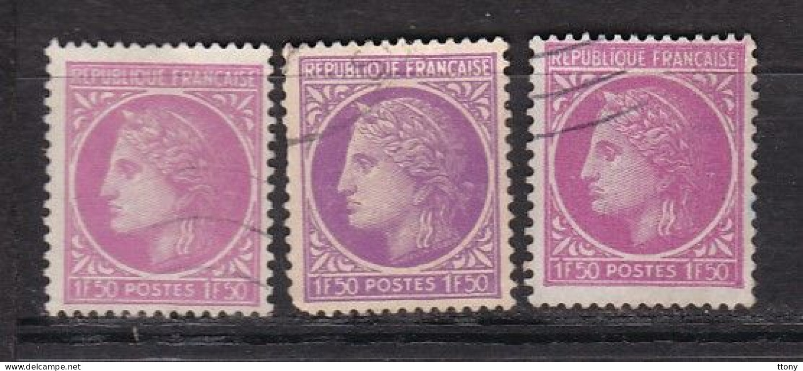 3 Timbres Oblitérés   Cérès De Mazelin  N° 679  1f 50 Lilas  Varièté Nuance De Couleur - 1945-47 Ceres (Mazelin)