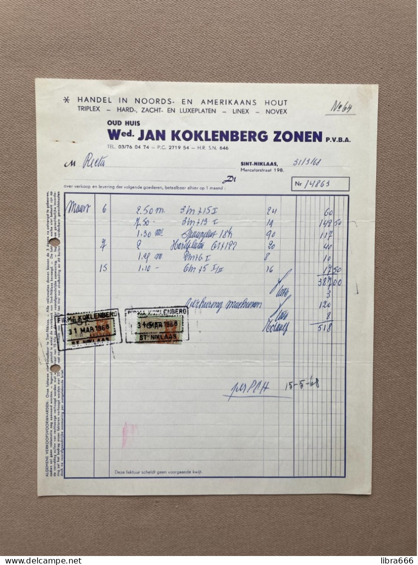 SINT-NIKLAAS - 1968 - Oud Huis Wed. JAN KOKLENBERG ZONEN Pvba - Handel In Noords- En Amerikaans Hout (+ Fiscale Zegels) - 1950 - ...
