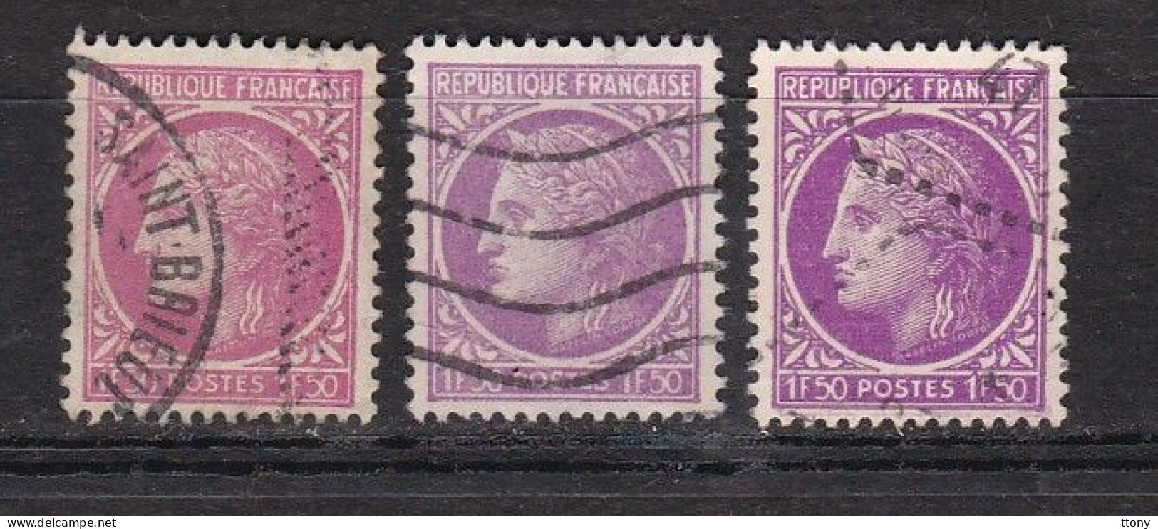 3 Timbres Oblitérés   Cérès De Mazelin  N° 679  1f 50 Lilas  Varièté Nuance De Couleur - 1945-47 Ceres Of Mazelin