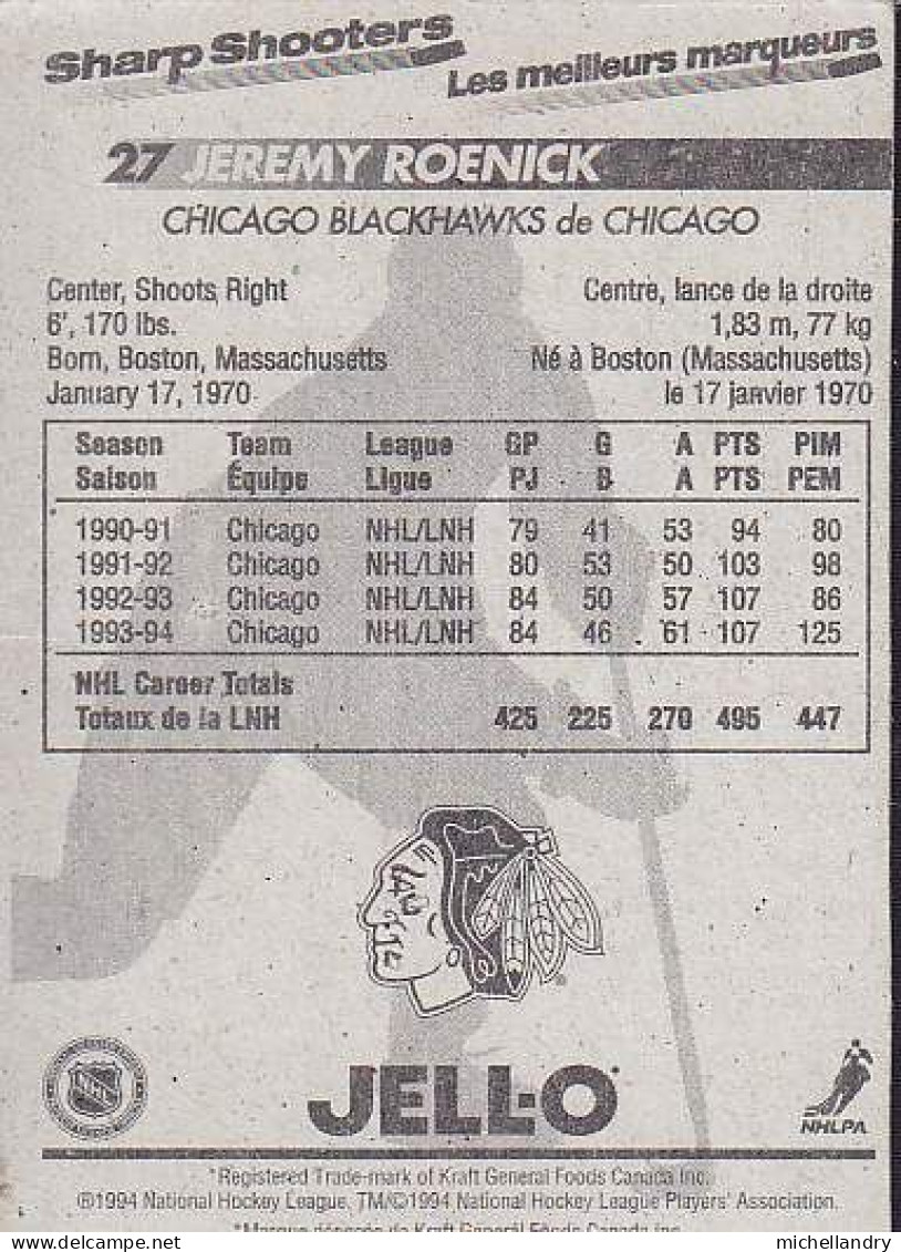 Carte (123798) Jell-O 1994 Jeremy Roenick  #27 Sharp Shooters Chicago Blackhawks - 1990-1999