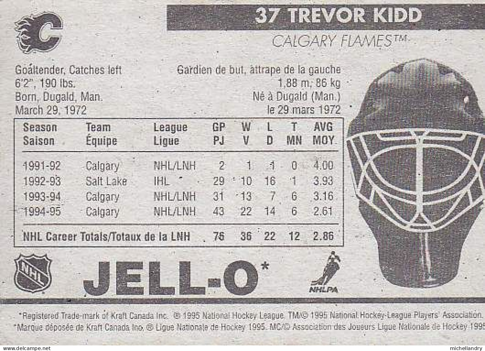 Carte (123799) Jell-O 1995 Trevor Kidd #37 Calgary Flames - 1990-1999