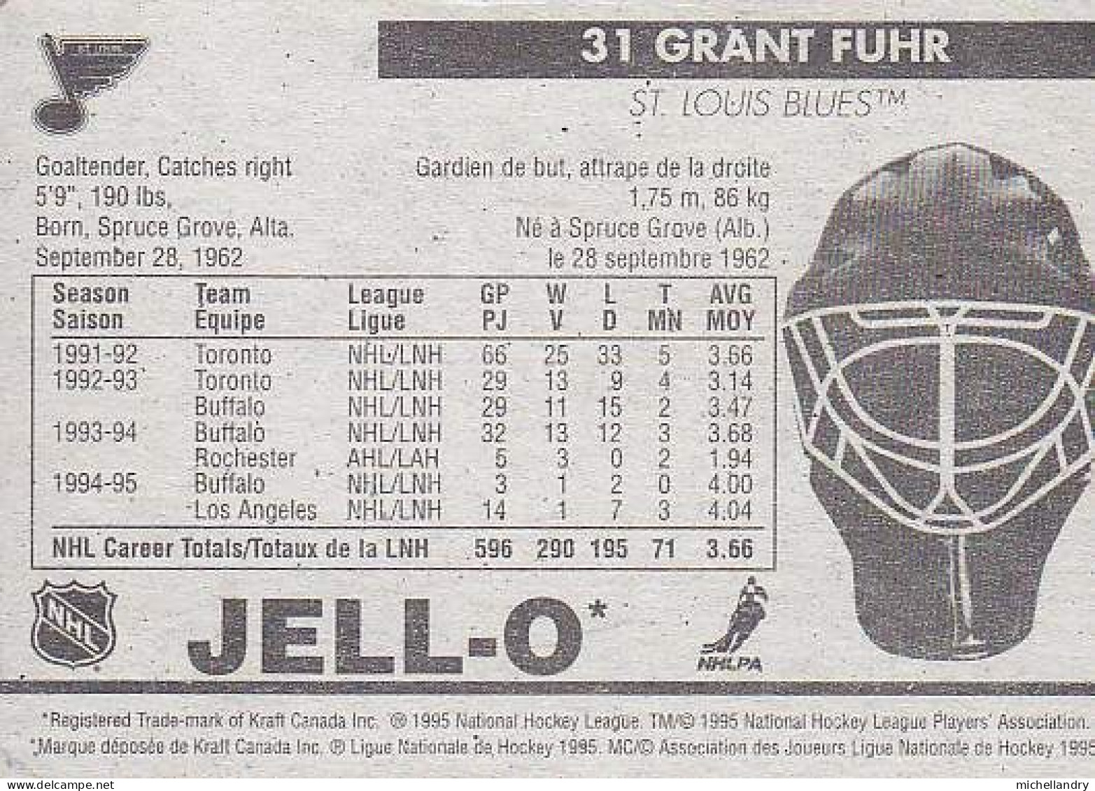 Carte (123800) Jell-O 1995 Grant Fuhr #31 St-Louis Blues - 1990-1999