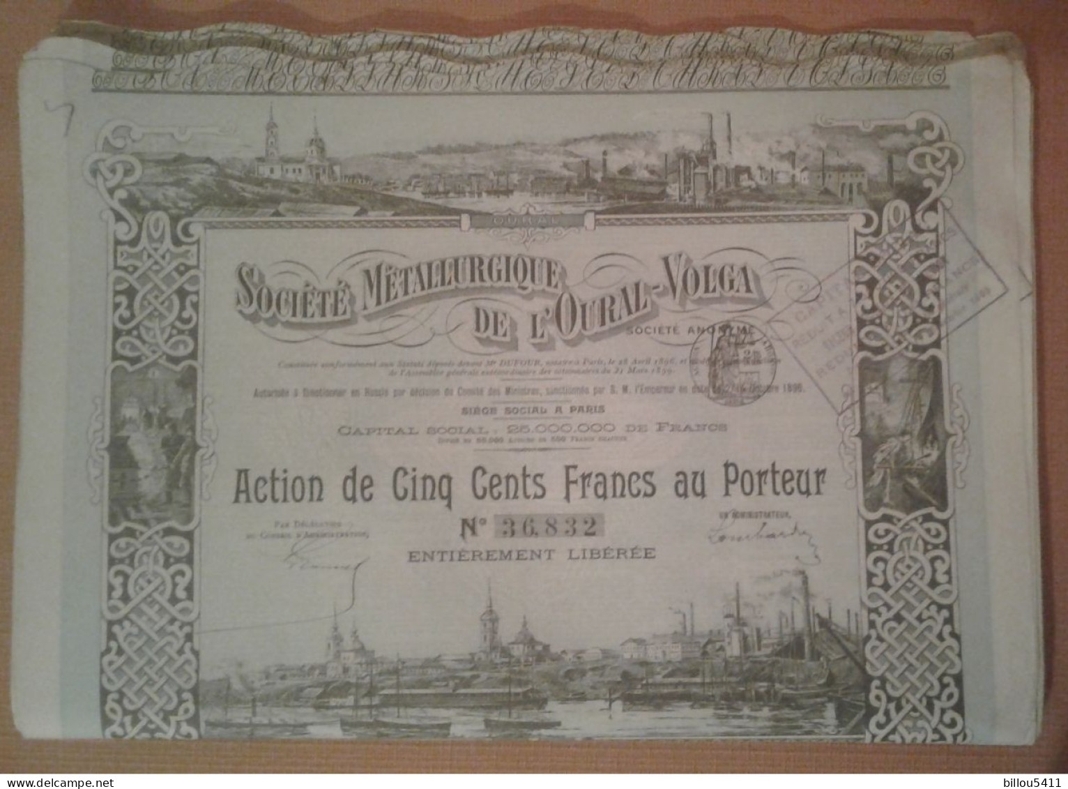 RUSSIE - 19 TITRES - STE METALLURGIQUE DE L'OURAL VOLGA - ACTION DE 500 FRS - PARIS 1896 - Belle Illustration - Industrie