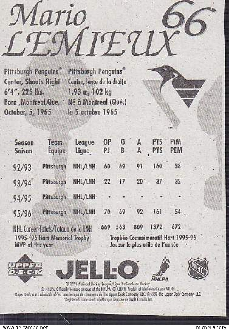 Carte (123801) Jell-O 1996 Mario Lemieux #66 Pittsburgh Penguins - 1990-1999