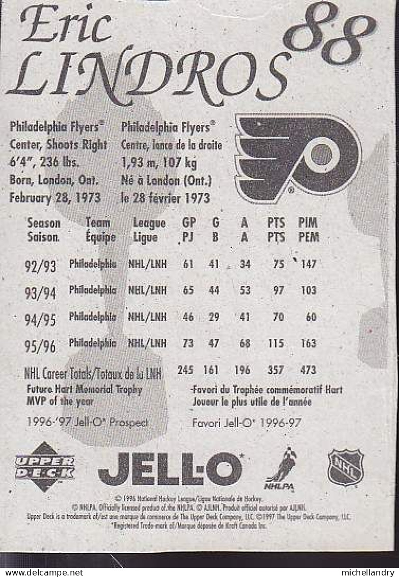 Carte (123802) Jell-O 1996 Eric Lindros #88 Philadelphia Flyers - 1990-1999