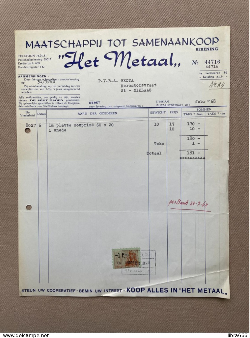 SINT-NIKLAAS - 1968 - "HET METAAL" - Maatschappij Tot Samenaankoop (+ Fiscale Zegel) - 1950 - ...