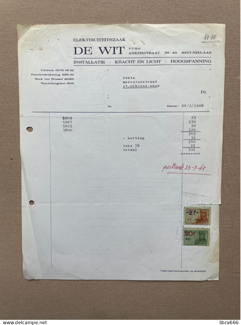 SINT-NIKLAAS - 1968 - DE WIT Pvba - Elektriciteitszaak (+ Fiscale Zegels) - 1950 - ...