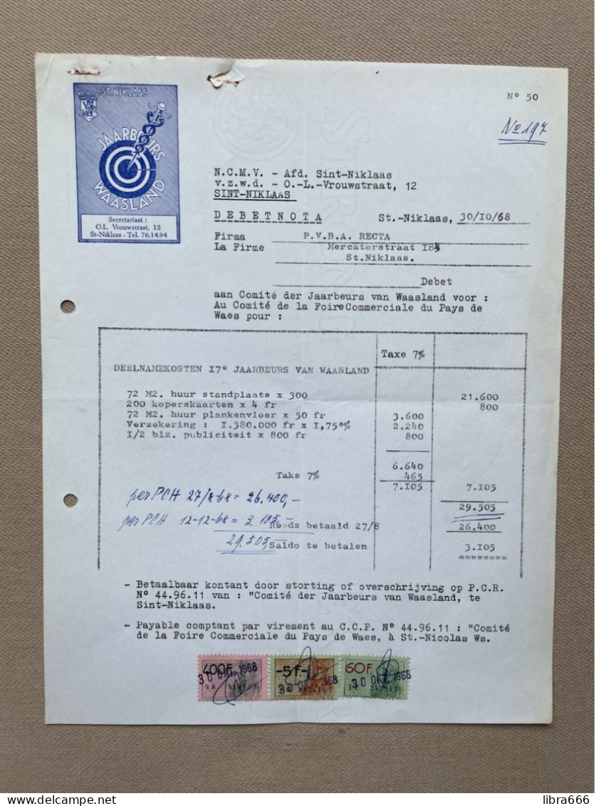 SINT-NIKLAAS - 1968 - N.C.M.V. - Comité Der Jaarbeurs Van Waasland - Deelnamekosten (+ Fiscale Zegels) - 1950 - ...