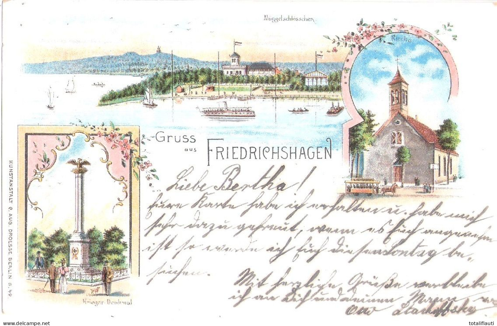 Gruss Aus FRIEDRICHSHAGEN Color Lithographie Pferdebahn Vor Der Kirche Kriegerdenkmal Müggelschlösschen 29.9.1898 Gelauf - Koepenick