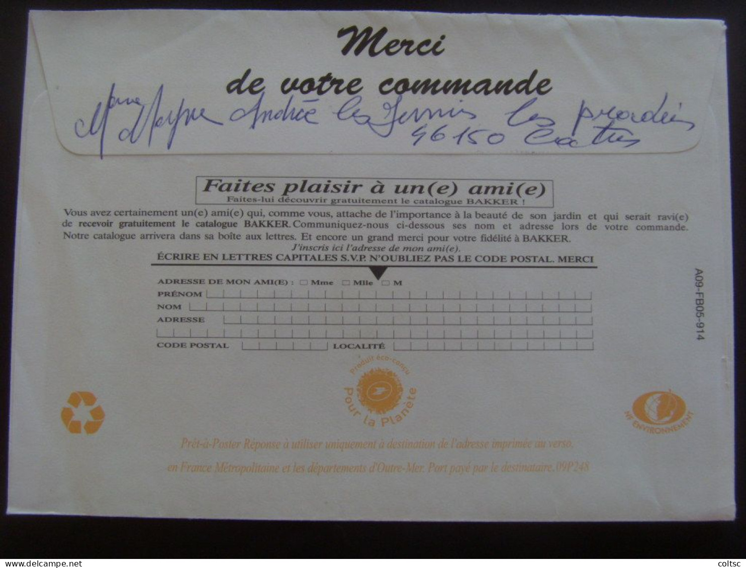 13916- PAP Réponse Beaujard Bakker Validité Permanente Agr. 09P248 Obl PAS COURANT - Listos Para Enviar: Respuesta /Beaujard