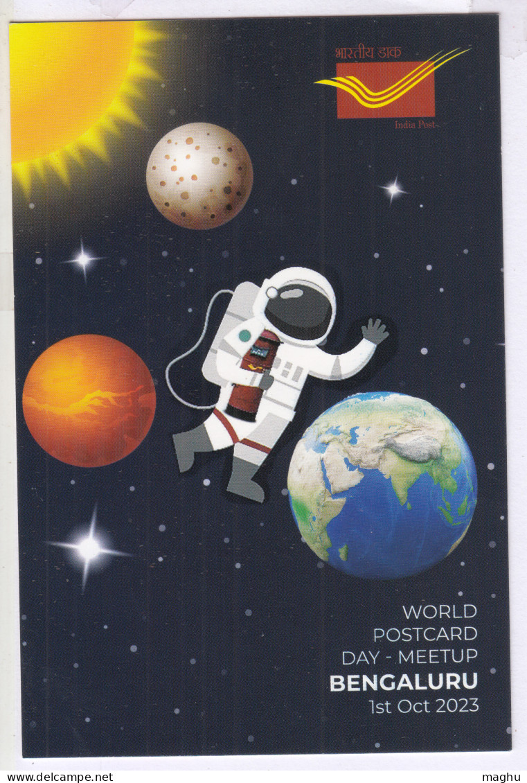 World Postcard Day Spl Cancellation, Dept., Of Post PPC Space, Spacewalk, Postbox, Globe, Philately 2023 - Asie