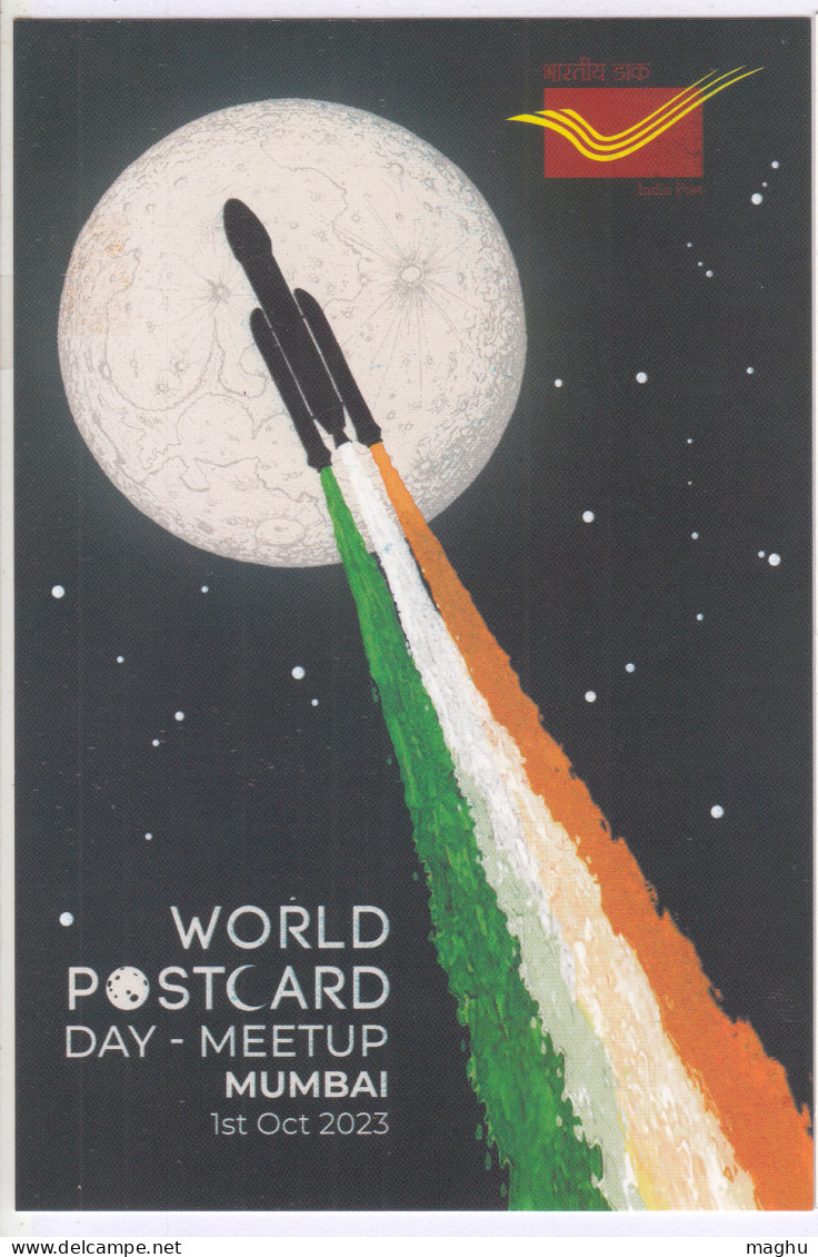 World Postcard Day Spl Cancellation, Dept., Of Post PPC Of Chandrayaan 3, Space, Moon, 2023 Philately - Azië