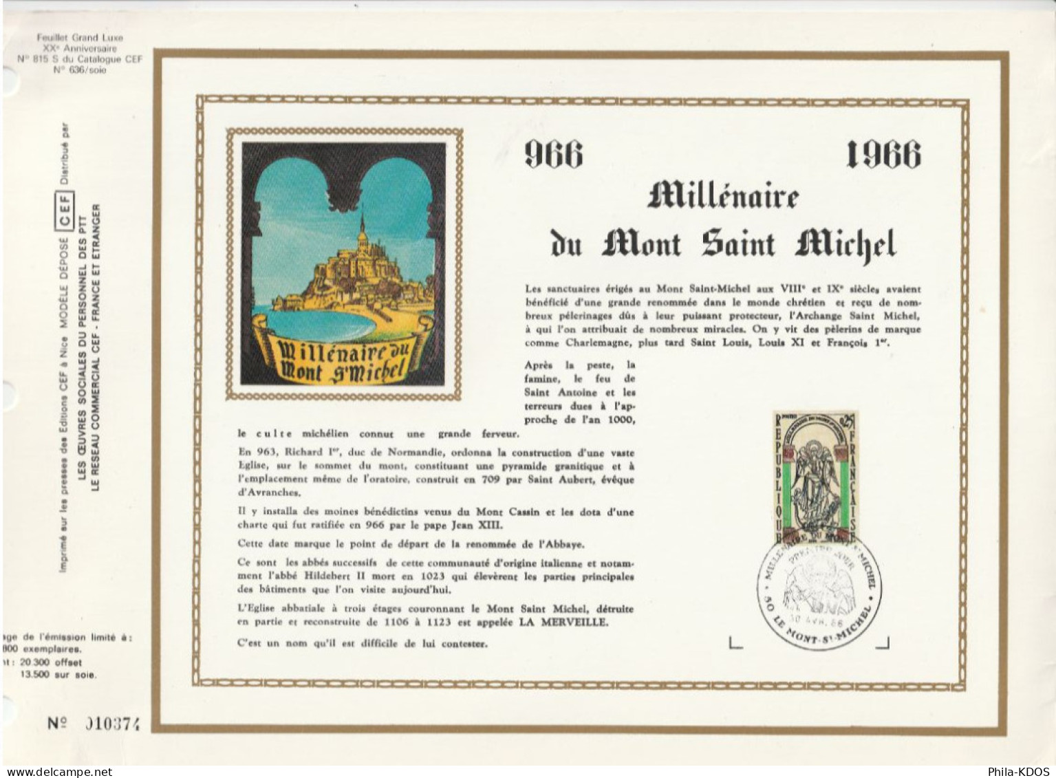 " 20 ANS DU FEUILLET CEF / MILLENAIRE DU MONT SAINT MICHEL " Sur Feuillet CEF Spécial. FDC A SAISIR ! - Monumenti