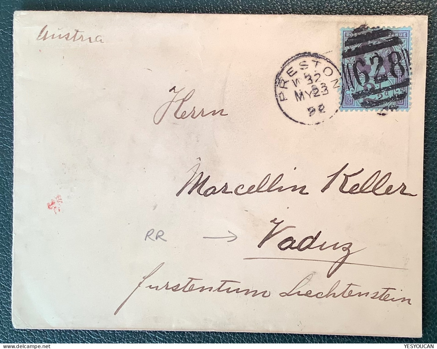 RARE FURSTENTUM LIECHTENSTEIN INCOMING MAIL: GB1887Jubilee Queen Victoria 2 1/2d 628+PRESTON1892Lancashire Cover (Brief - Storia Postale