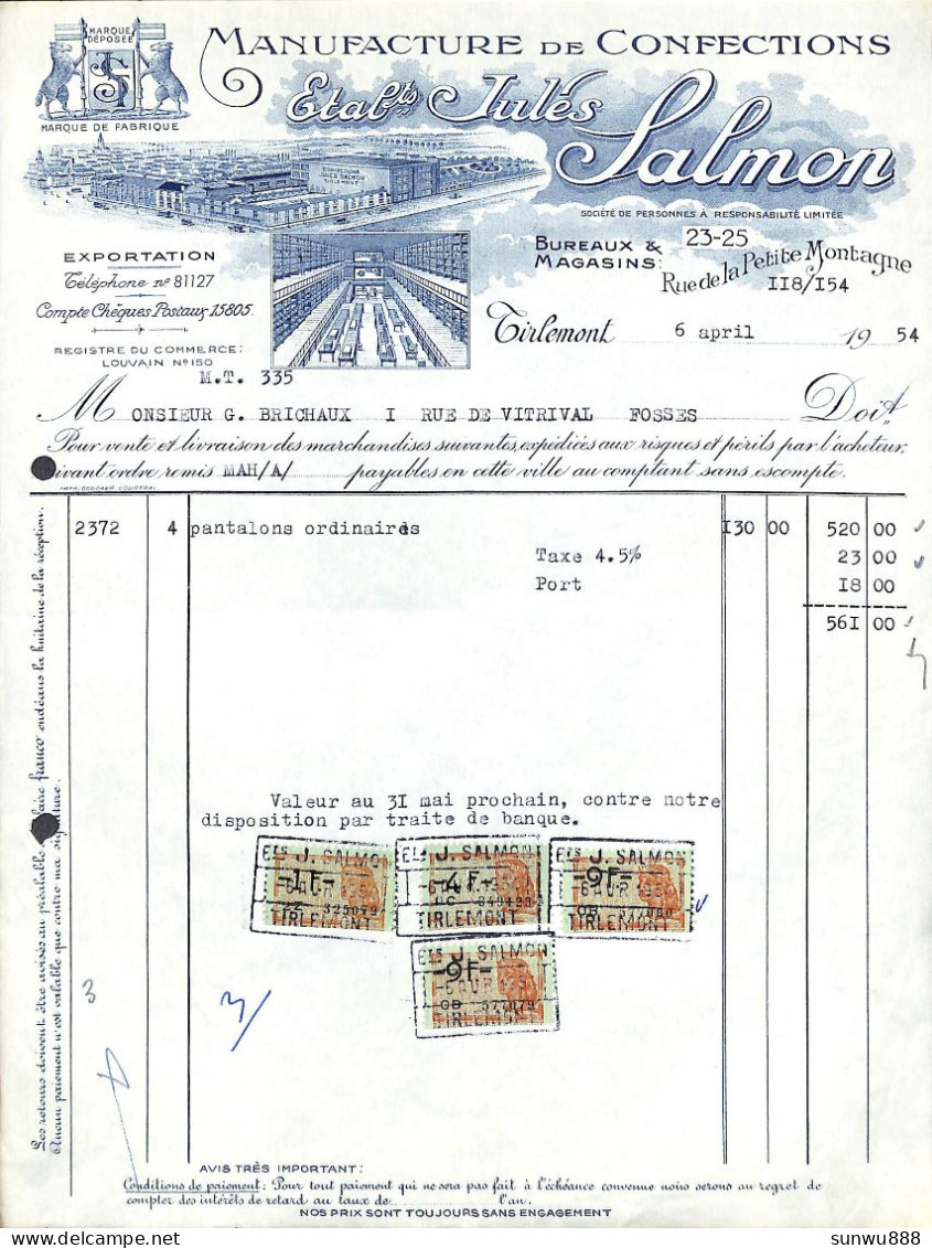 Tirlemont - Manufacture De Confections Etab. Jules Salmon 1954 + Timbres - 1950 - ...