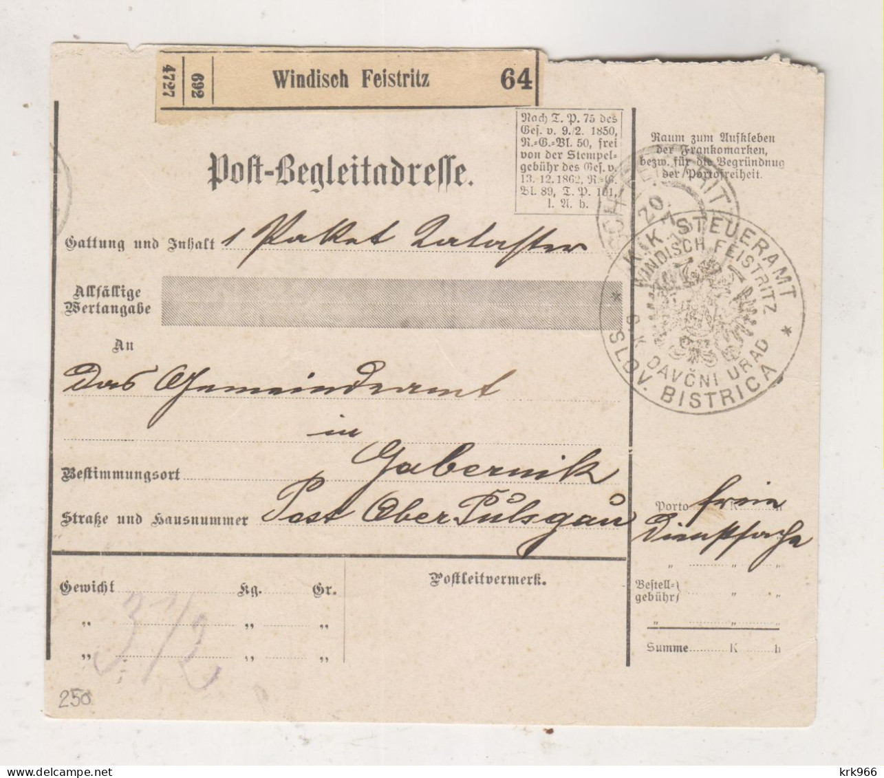 SLOVENIA,Austria 1916 WINDISCH FEISTRITZ SLOVENSKA BISTRICA Parcel Card - Slowenien