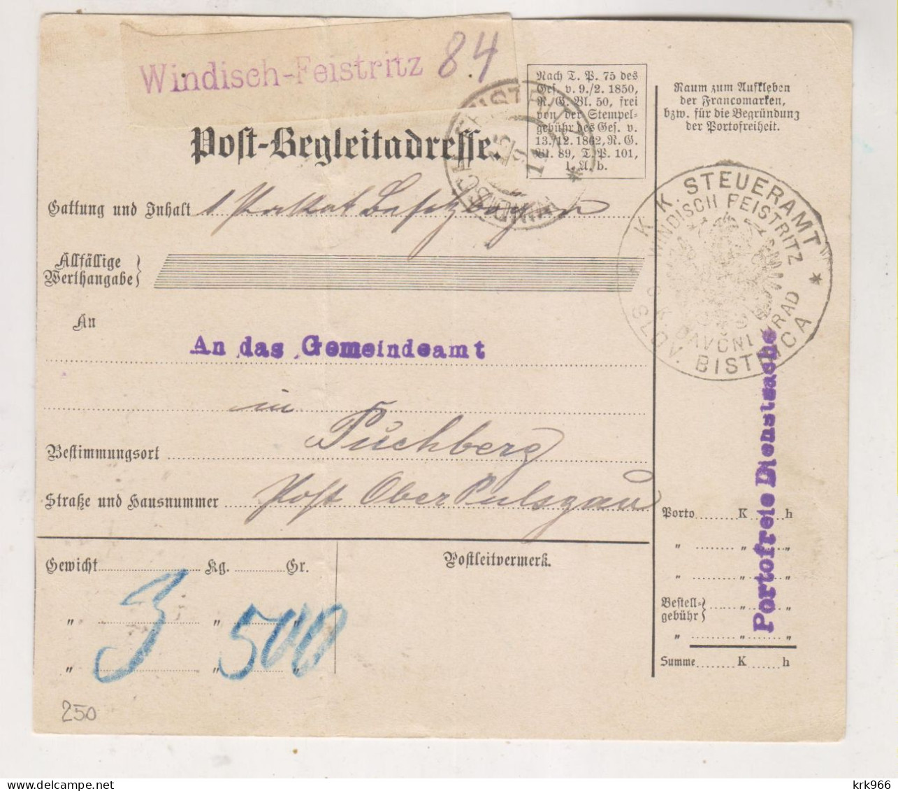 SLOVENIA,Austria 1911 WINDISCH FEISTRITZ SLOVENSKA BISTRICA Parcel Card - Slowenien