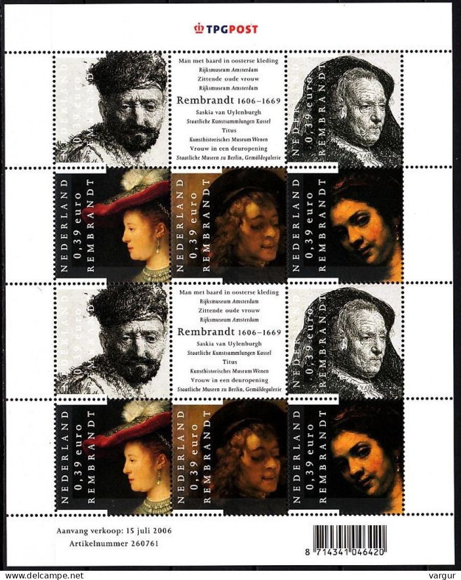 NETHERLANDS 2006 ART Paintings: Rembrandt - 400. Mini-sheet, MNH 60% FV - Rembrandt
