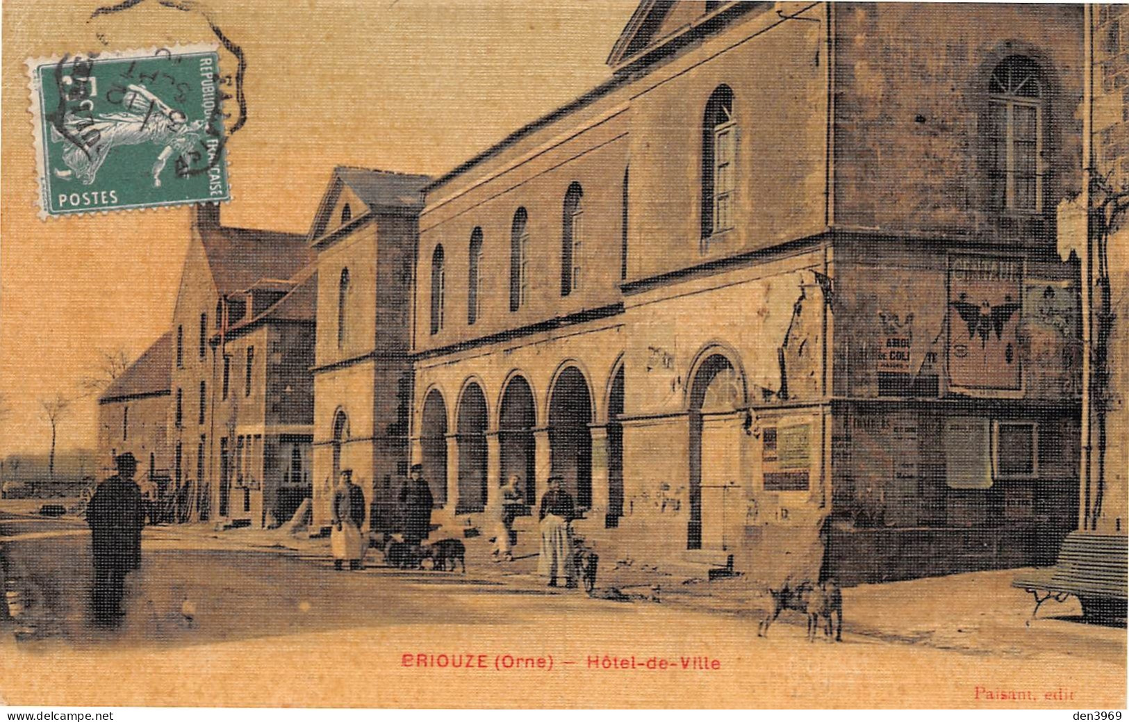 BRIOUZE (Orne) - Hôtel De Ville - Carte Toilée Couleurs - Voyagé 1910 (2 Scans) Abbé Rivière, Curé De Valfrembert - Briouze