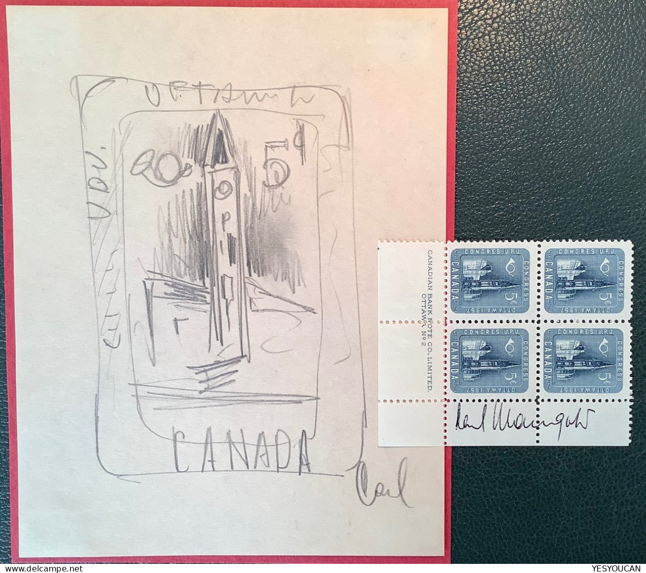 Canada Hand-drawn Essay 5c UPU CONGRESS OTTAWA 1957 Signed By Artist + Stamp, Ex Severin UPU Coll. Corinphila2012 (Proof - Ungebraucht