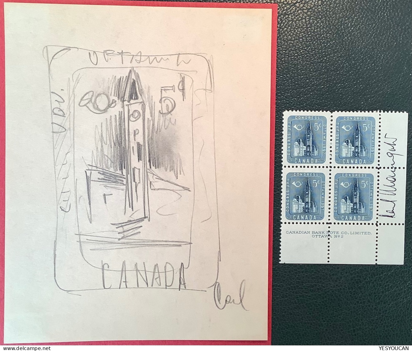 Canada Hand-drawn Essay 5c UPU CONGRESS OTTAWA 1957 Signed By Artist + Stamp, Ex Severin UPU Coll. Corinphila2012 (Proof - Ongebruikt