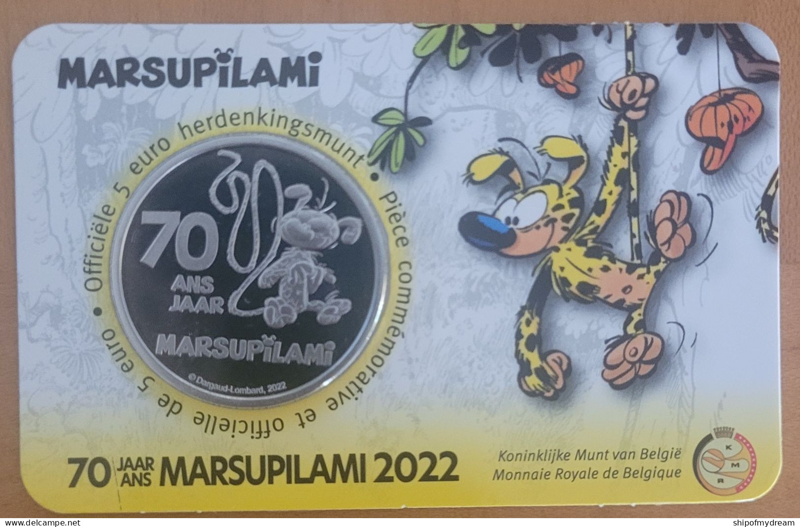 Belgium 5 Euro 2022. 70 Jaar Marsupilami. Official Coincard. Mintage=7500 - FDC, BU, Proofs & Presentation Cases