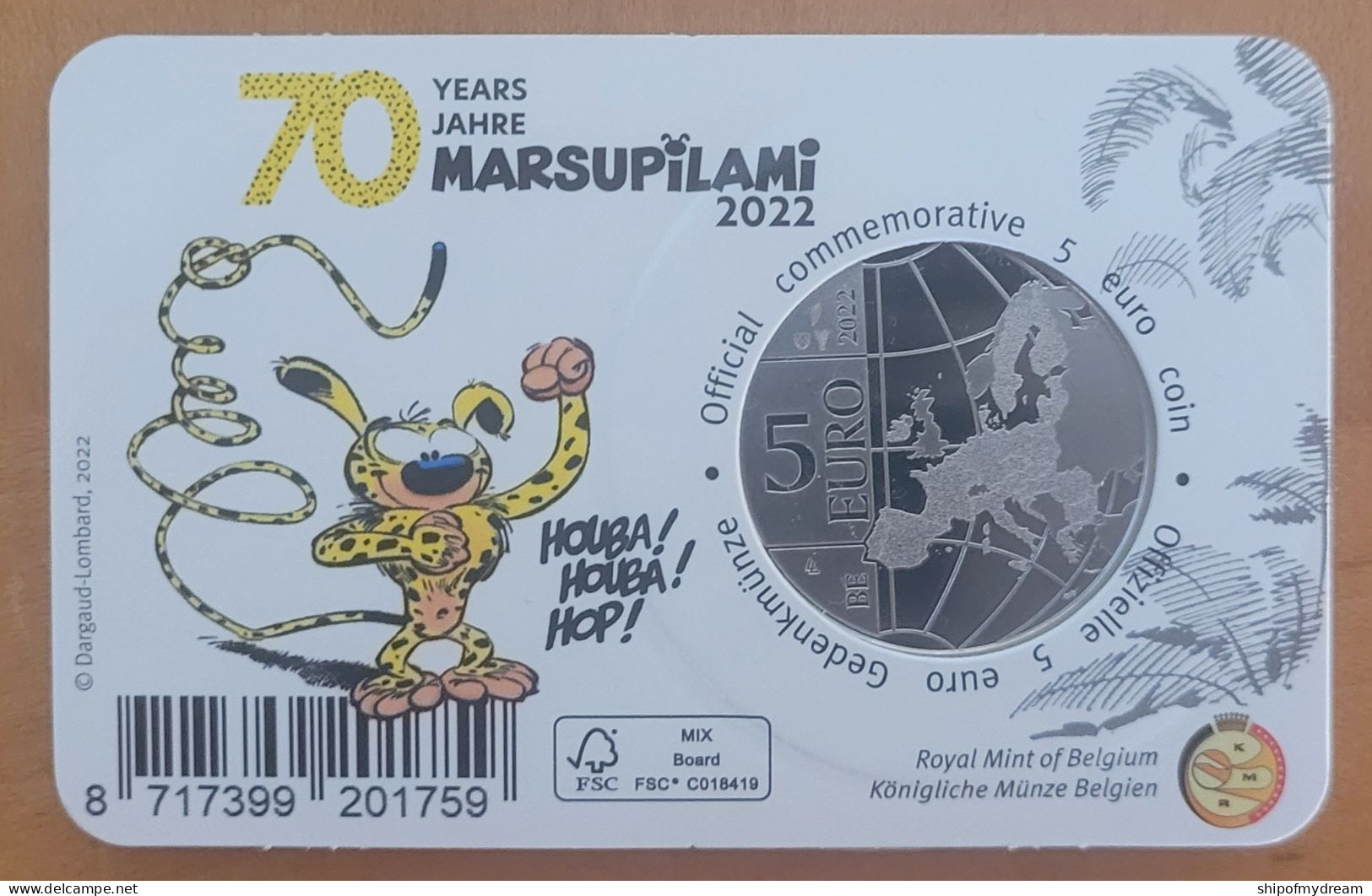 Belgium 5 Euro 2022. 70 Jaar Marsupilami. Official Coincard. Mintage=7500 - FDC, BU, BE & Muntencassettes