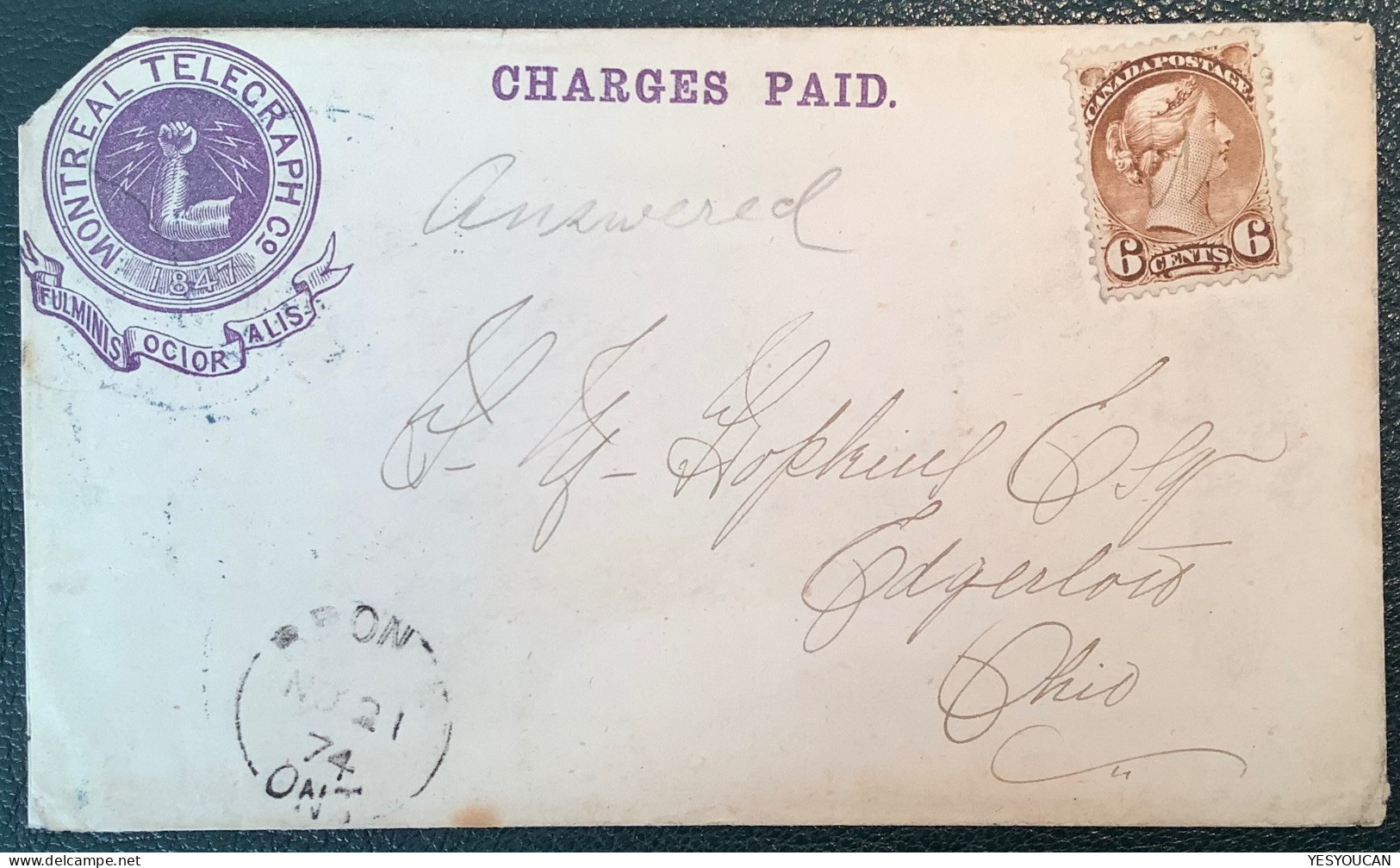 Canada RARE MONTREAL TELEGRAPH Co Envelope Cds 1874/MONT 6c Queen Victoria>Cleveland Ohio US (cover Telegram Telegramme - Cartas & Documentos