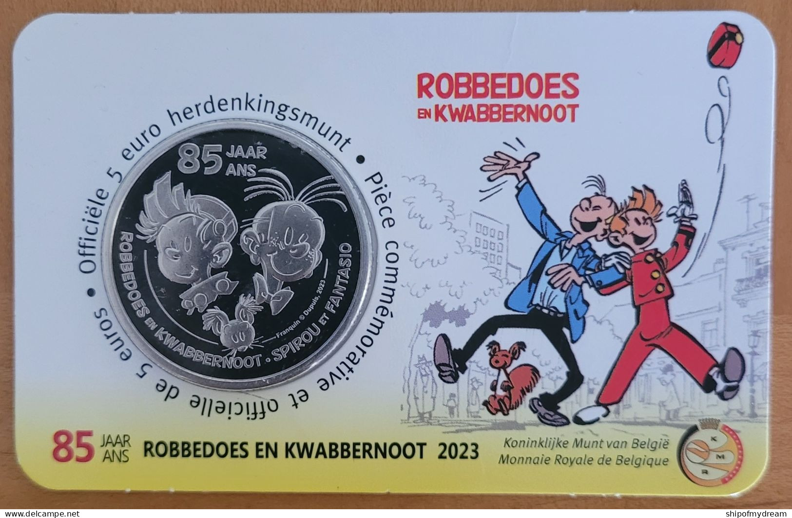 Belgium 5 Euro 2023. 85 Jaar Robbedoes & Kwabbenoot. Official Coincard. Mintage=7500 - FDC, BU, BE & Muntencassettes