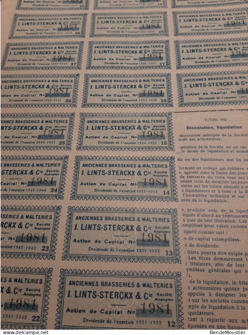 Anciennes Brasseries & Malteries J.Lints-Sterckk & Cie S.A. - Action De Capital De  500 Frs - Louvain 19 Août 1922 - Agriculture