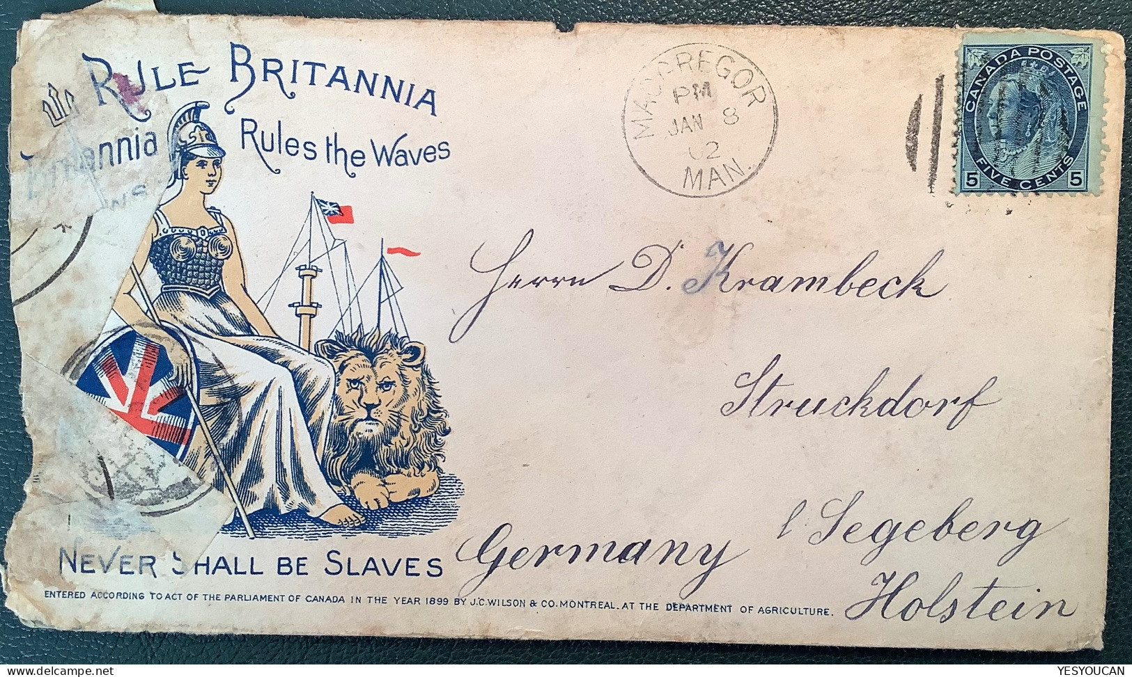 Canada RULE BRITANNIA PATRIOTIC Envelope MACGREGOR MAN.1902>Struckdorf Segeberg (officially Sealed Bahnpost Cover Brief - Brieven En Documenten