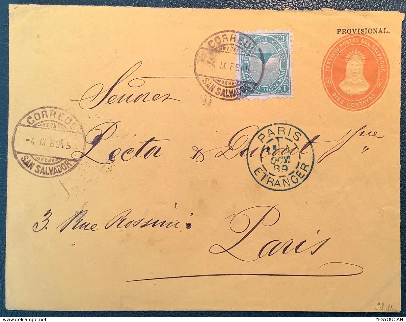 Salvador PROVISIONAL Postal Stationery Envelope With Rare Suppl. Franking>Pector&Ducout Paris France (cover UPU Scheller - El Salvador