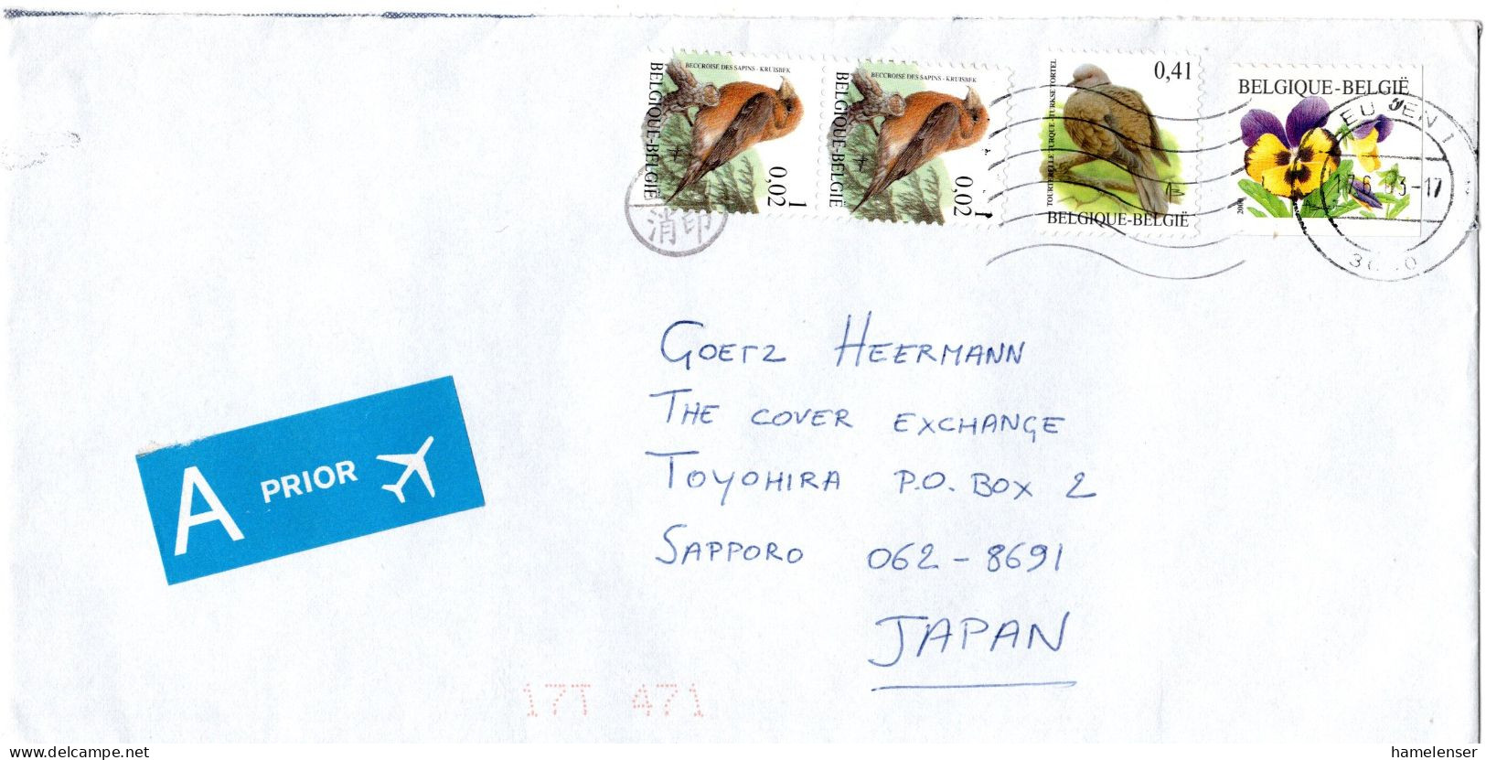 L70725 - Belgien - 2003 - €0,41 Voegel MiF A LpBf EUPEN -> TOYOHIRA (Japan), M Nachtraeglich-entwertet-Stpl - Storia Postale