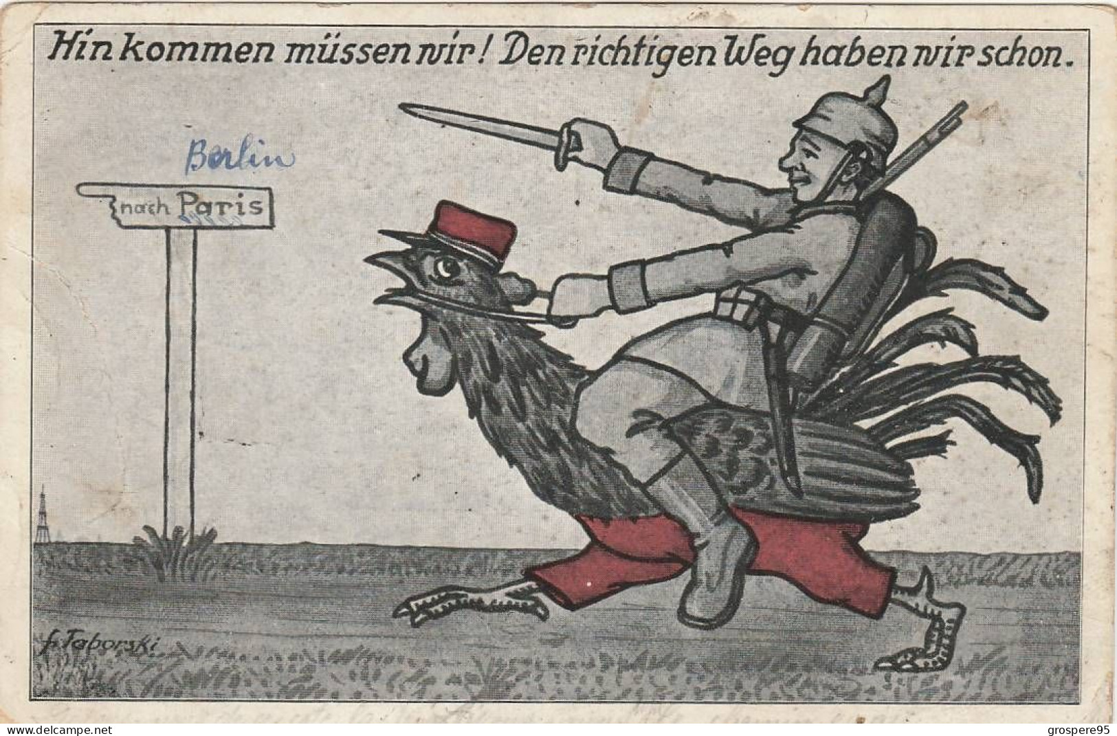 MILITARIA ALLEMAND CASQUE A POINTE SUR COQ FRANCAIS ILLUSTRATEUR (f Taborski?) HINKOMMEN MUSSEN NVIR!.....rare - Humour