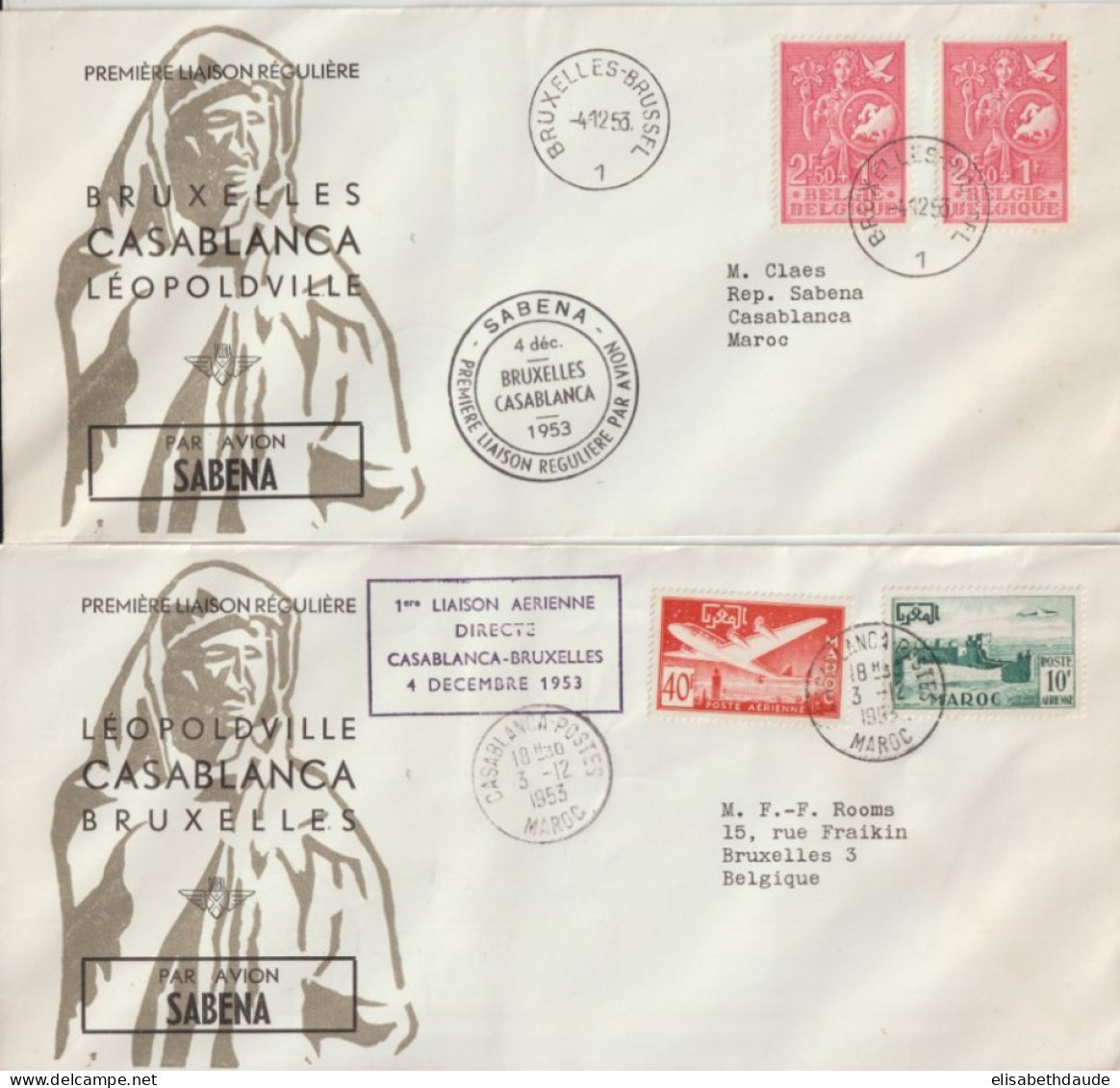 1953 - 1° VOL DIRECT SABENA CASABLANCA (MAROC) - BRUXELLES (BELGIQUE) - ENVELOPPES ALLER ET RETOUR ! - Covers & Documents