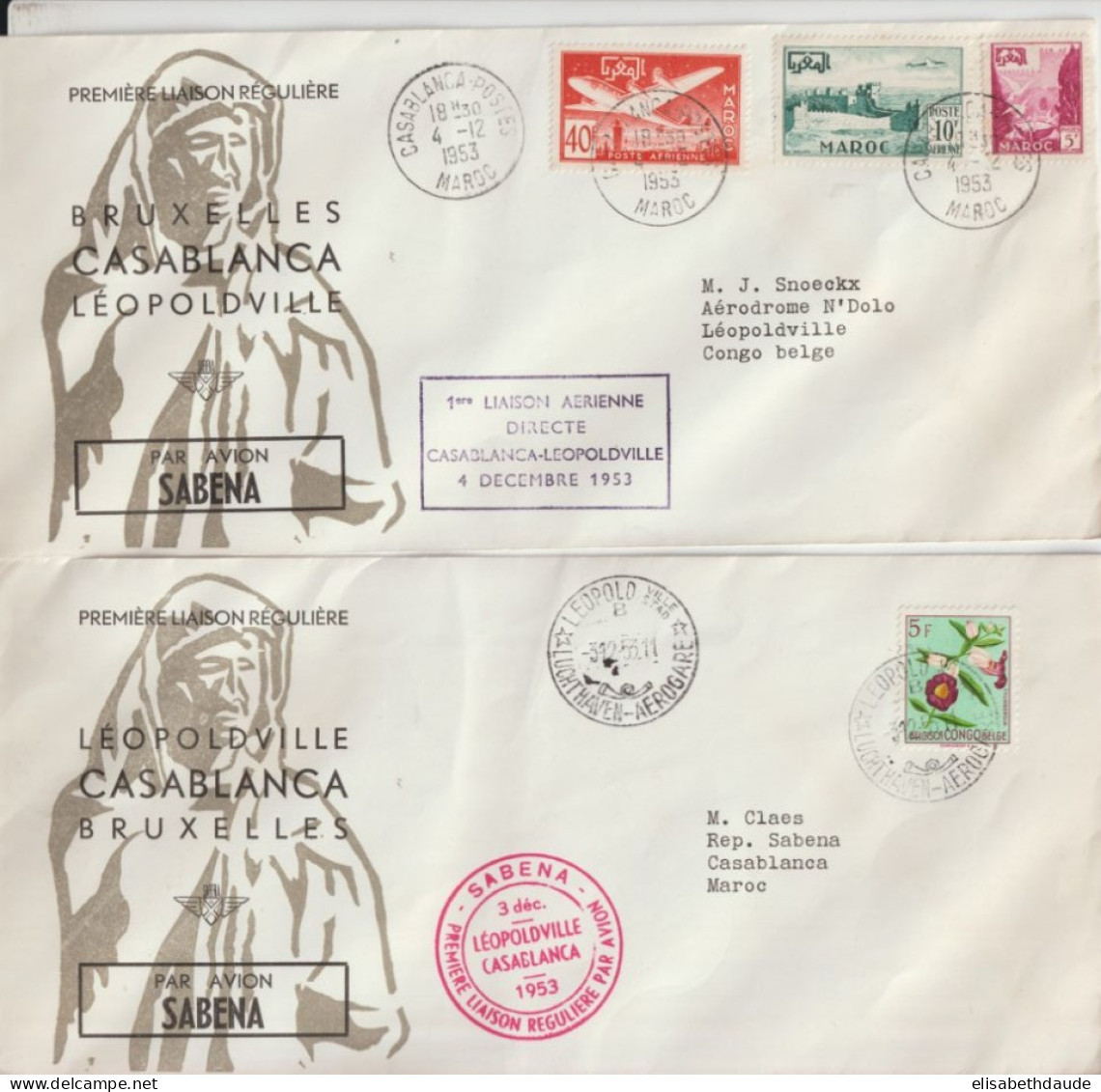 1953 - 1° VOL DIRECT SABENA CASABLANCA (MAROC) - LEOPOLDVILLE (CONGO BELGE) - ENVELOPPES ALLER ET RETOUR ! - Covers & Documents