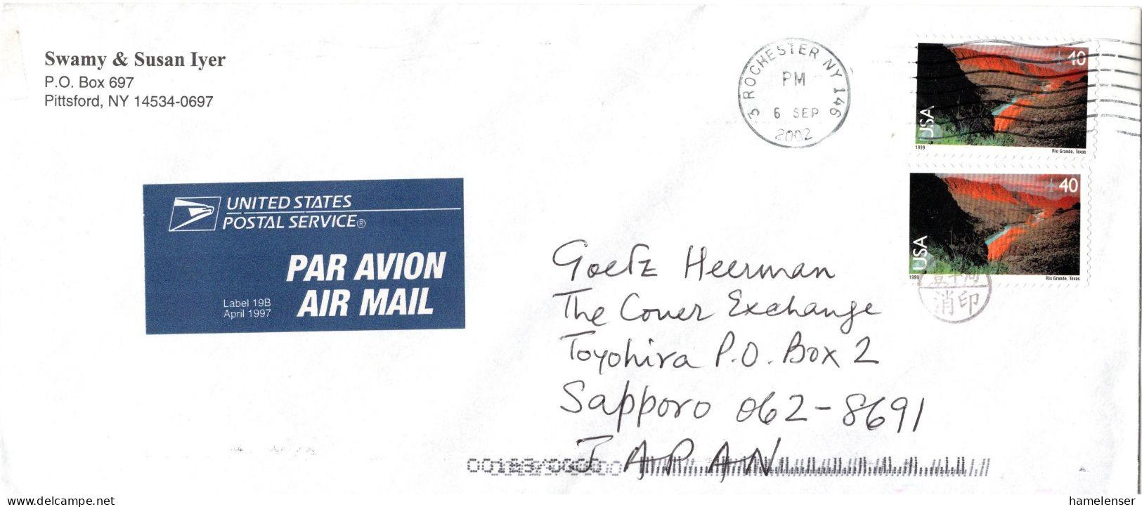 L70733 - USA - 2002 - 2@40¢ Rio Grande A LpBf ROCHESTER NY -> TOYOHIRA (Japan), M Nachtraeglich-entwertet-Stpl - Covers & Documents