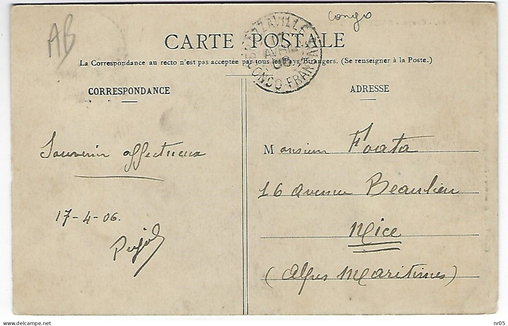 Cachet Postal " BRAZZAVILLE - CONGO FRANCAIS " 1906 Sur CPA BRAZZAVILLE  Vers NICE ( Ex Colonie Francaise ) - Cartas & Documentos