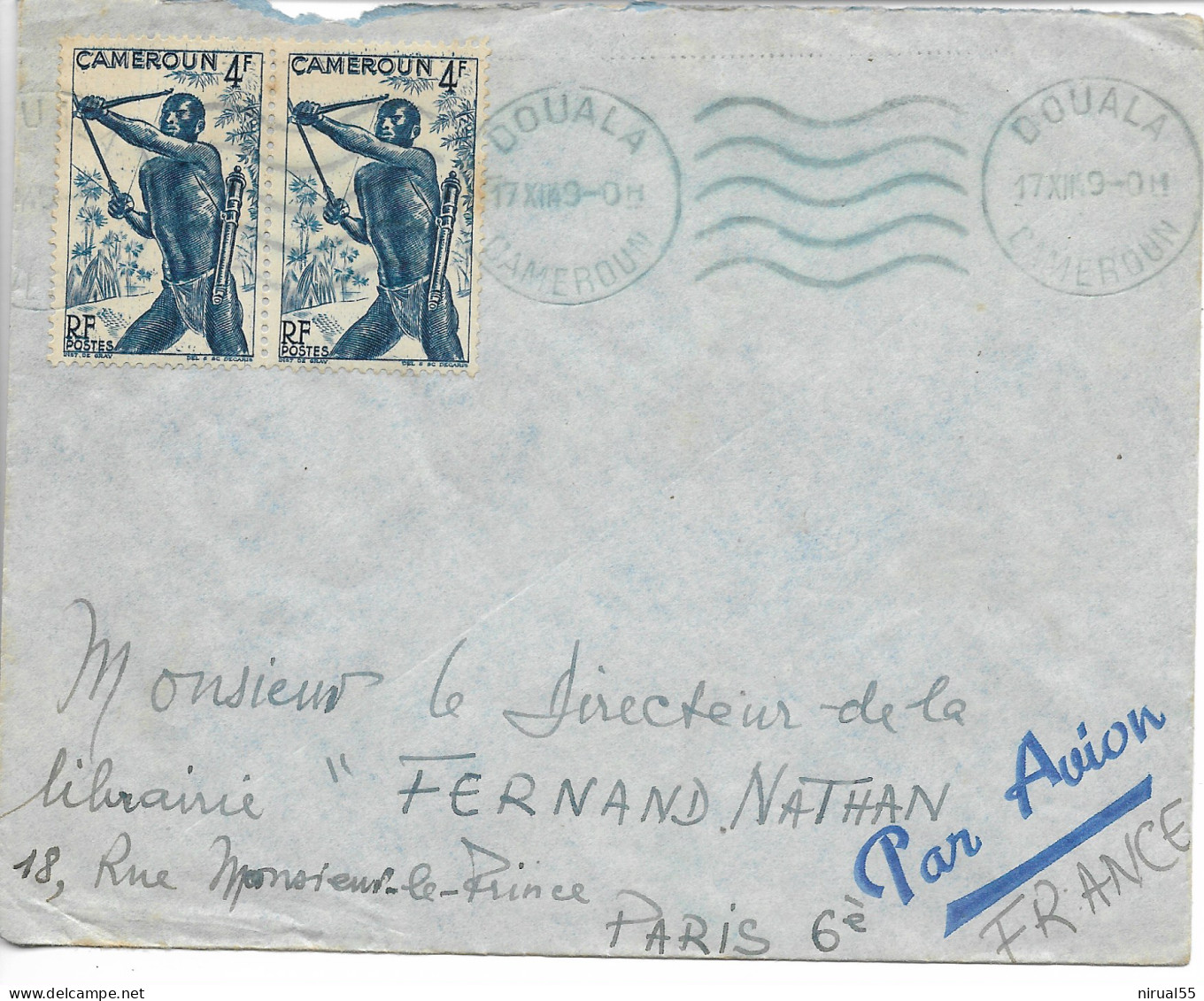 DOUALA Cameroun Oblitération Mécanique Bleue Sur 2x 4F 1949        ...G - Luftpost