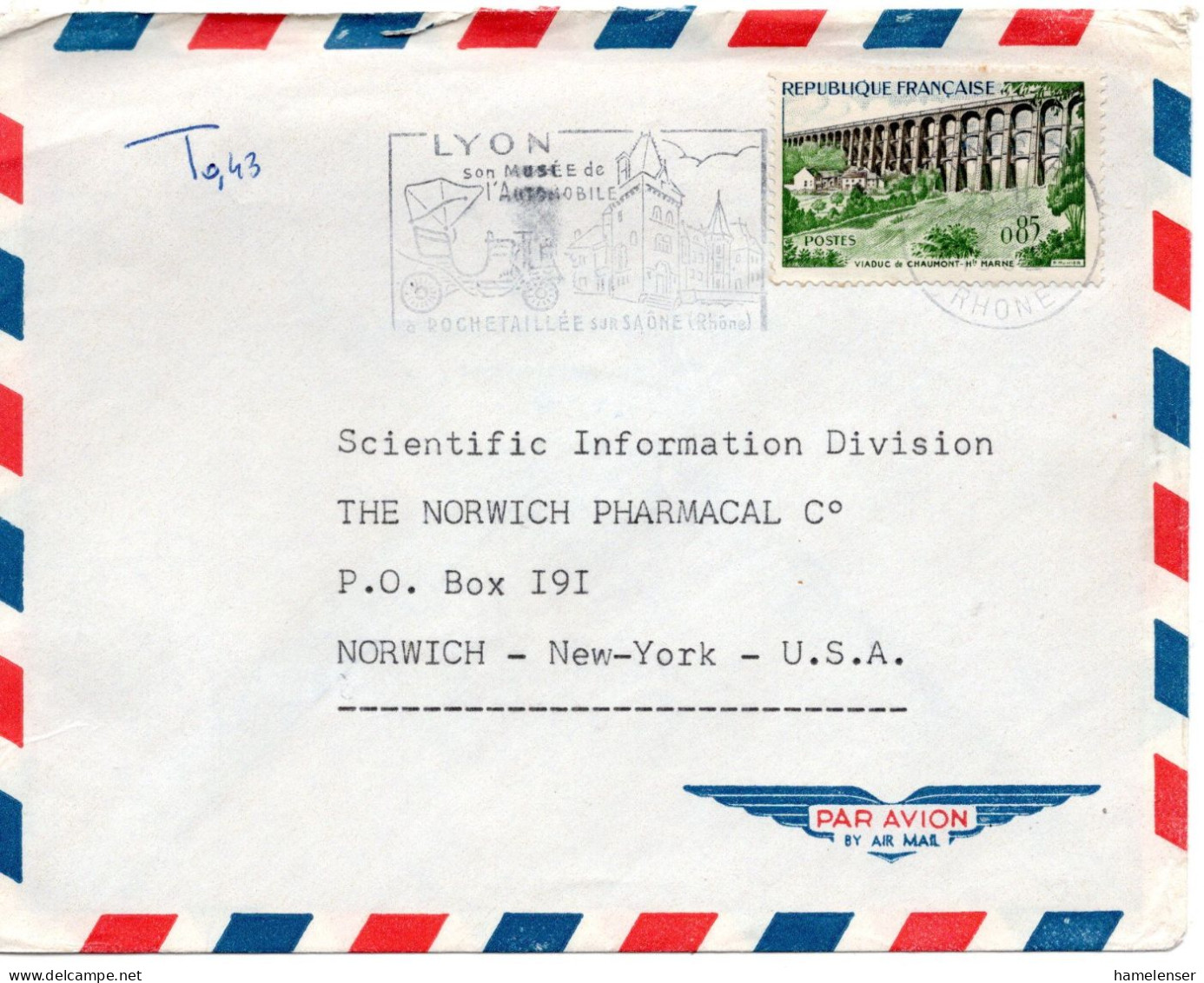 70741 - Frankreich - 1962 - F0,85 Chaumont-Viadukt EF A LpBf LYON - ... -> New York, NY (USA) - Briefe U. Dokumente