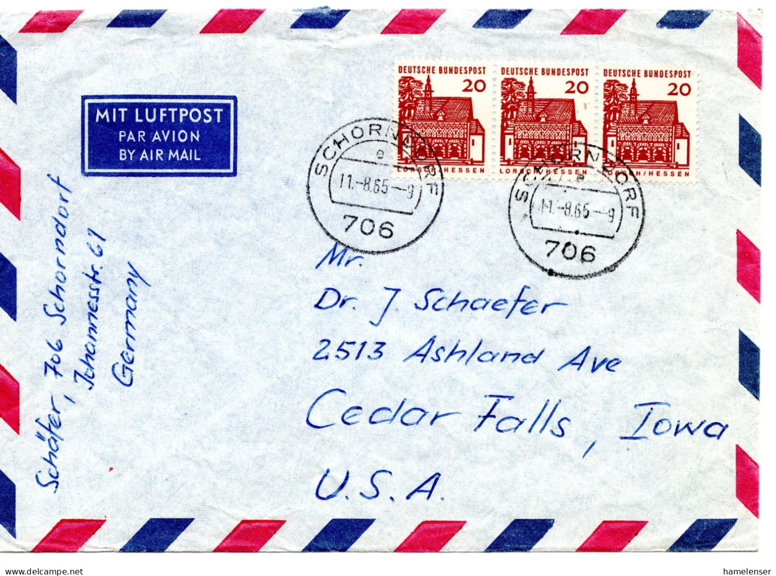 70742 - Bund - 1965 - 20Pfg Kl.Bauten Waag Dreierstreifen A LpBf SCHORNDORF -> Cedar Falls, IA (USA) - Brieven En Documenten