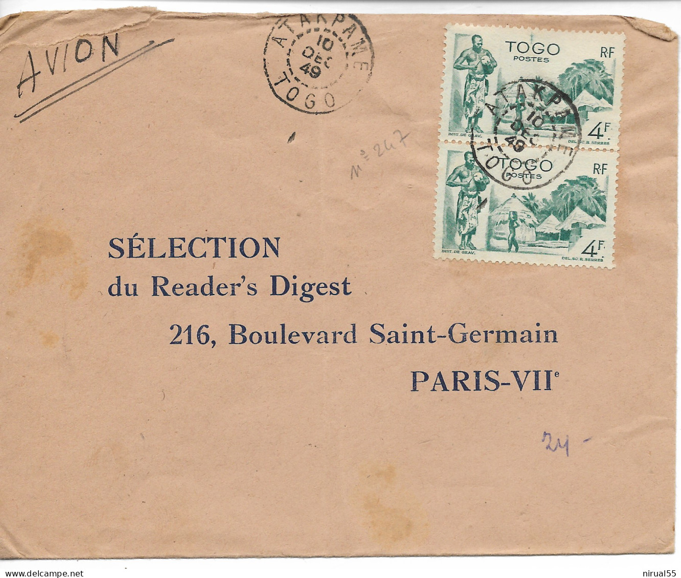 ATAKPAME Togo Paire N° 247 Yvert Par Avion 1949  ...G - Lettres & Documents