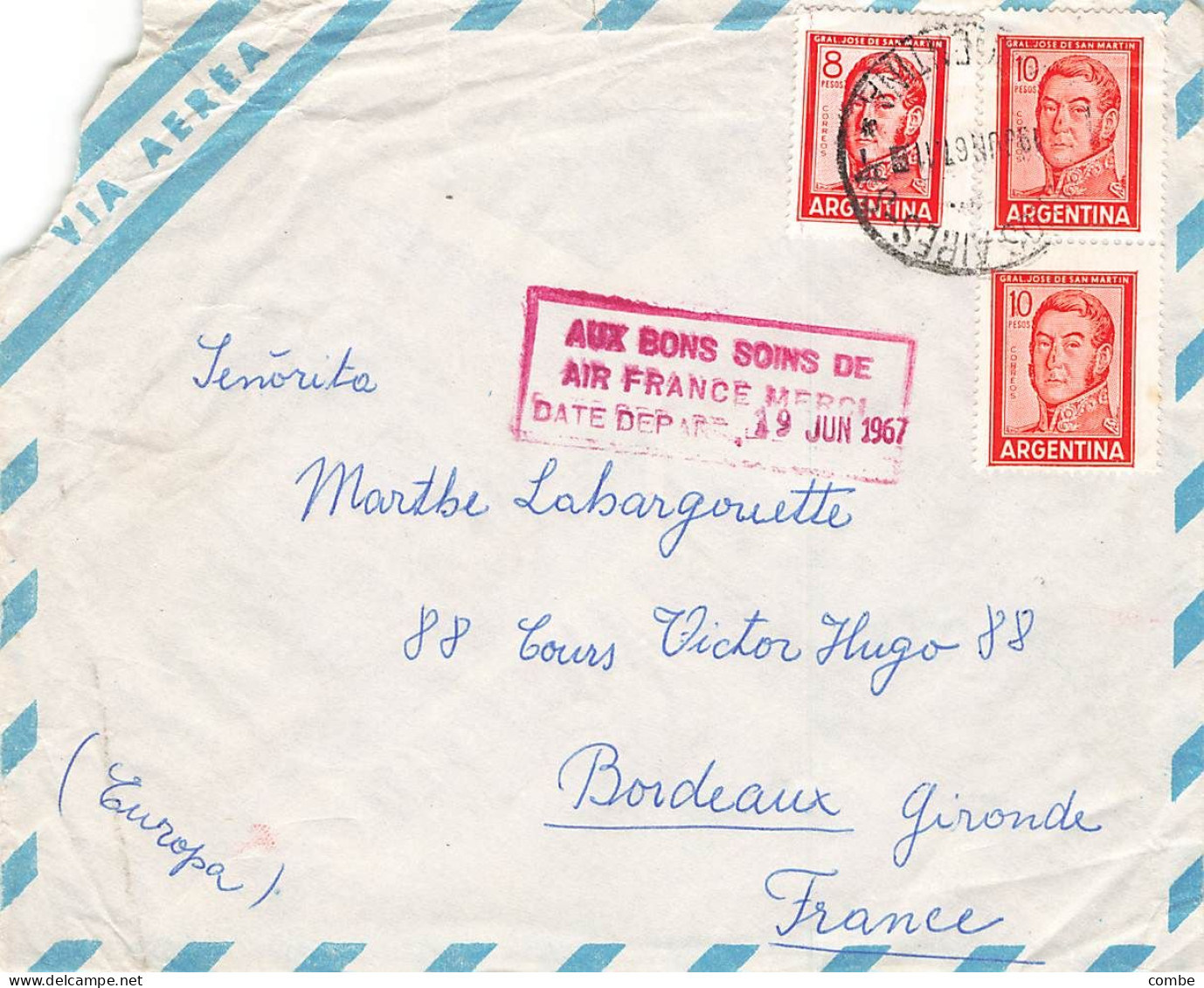 LETTRE. ARGENTINE. 1967. AUX BONS SOINS DE AIR FRANCE. MERCI. BUENOS AIRES POUR BORDEAUX - Altri & Non Classificati