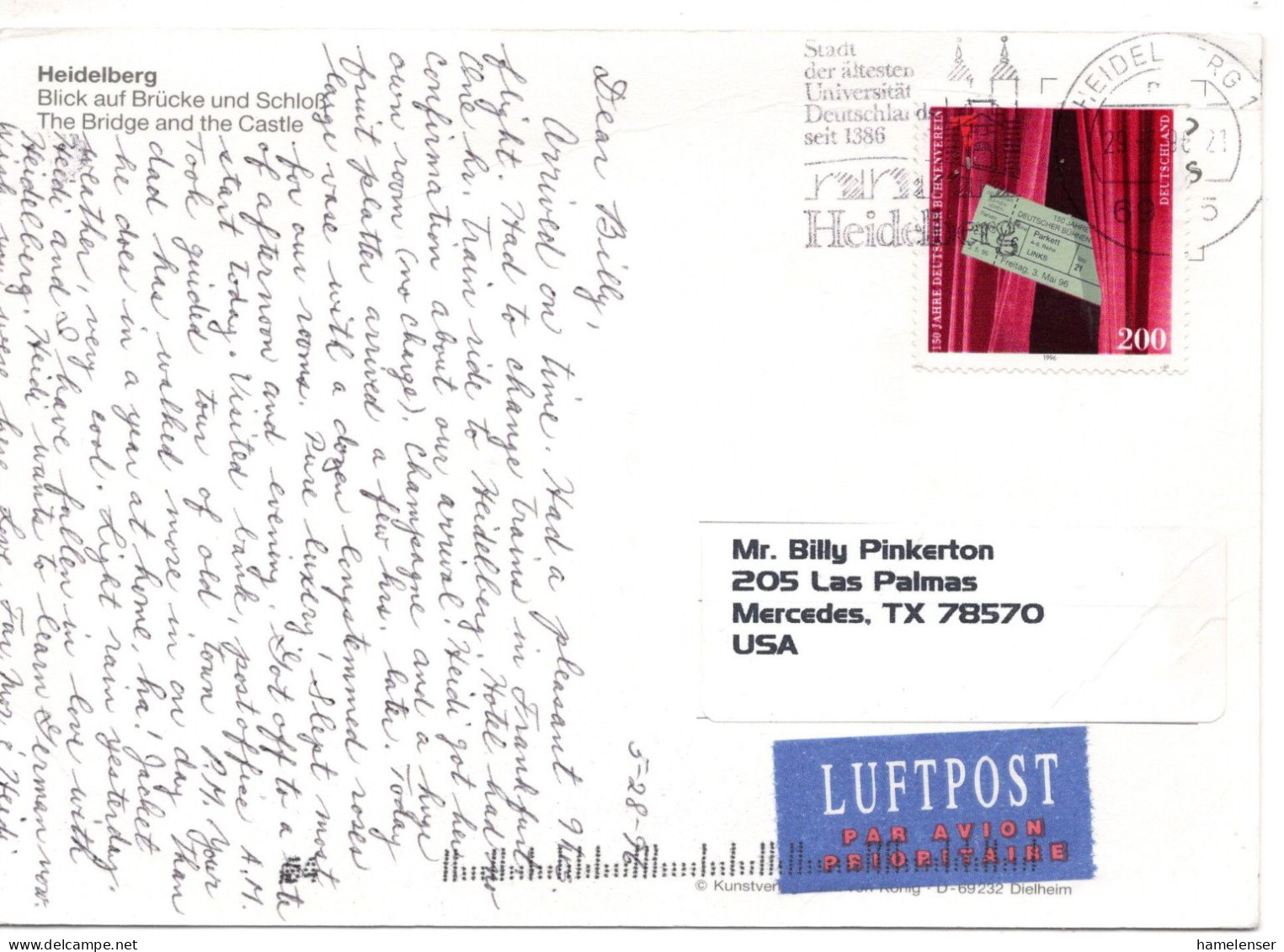 70745 - Bund - 1996 - 200Pfg Buehnenverein EF A LpAnsKte HEIDELBERG - ... -> Mercedes, TX (USA) - Storia Postale