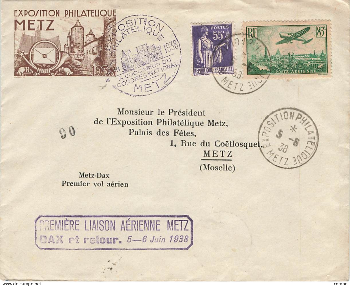 LETTRE. 5 JUIN 1938. EXPO METZ. 1° LIAISON AERIENNE METZ DAX ET RETOUR AVEC 4 VIGNETTES MEETING - Otros & Sin Clasificación