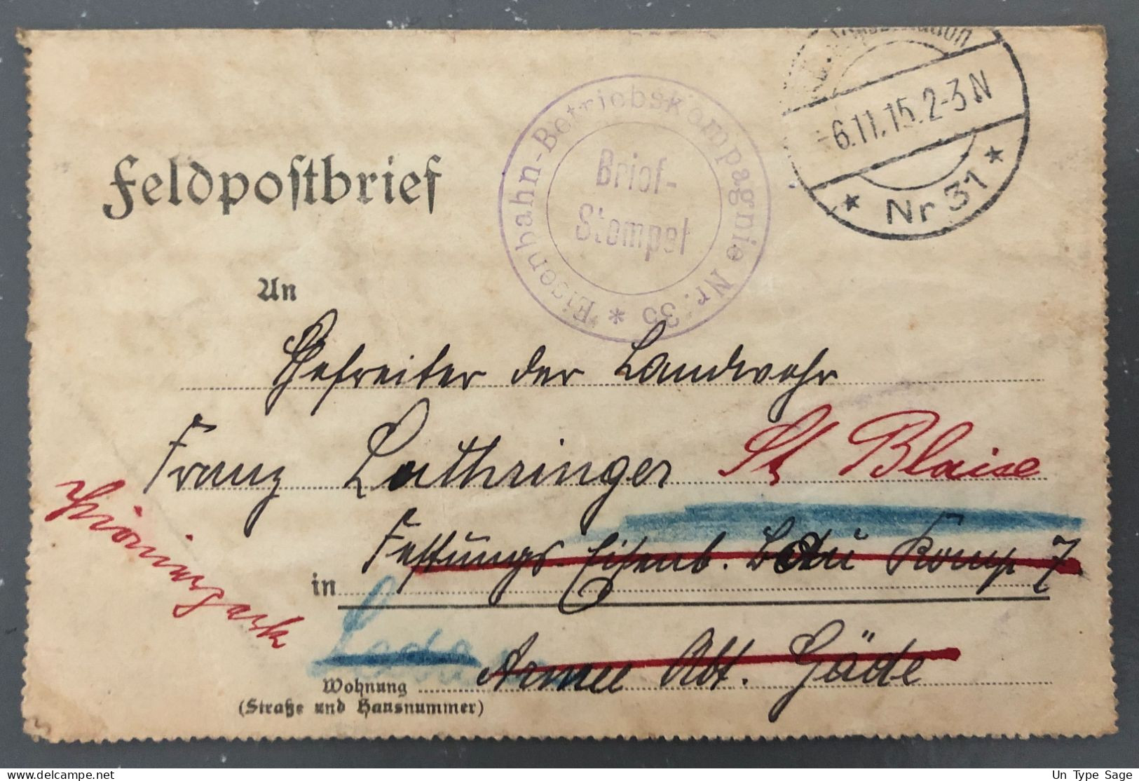 Allemagne, WW1, Feldpost 6.11.1915 - (B2556) - Feldpost (postage Free)