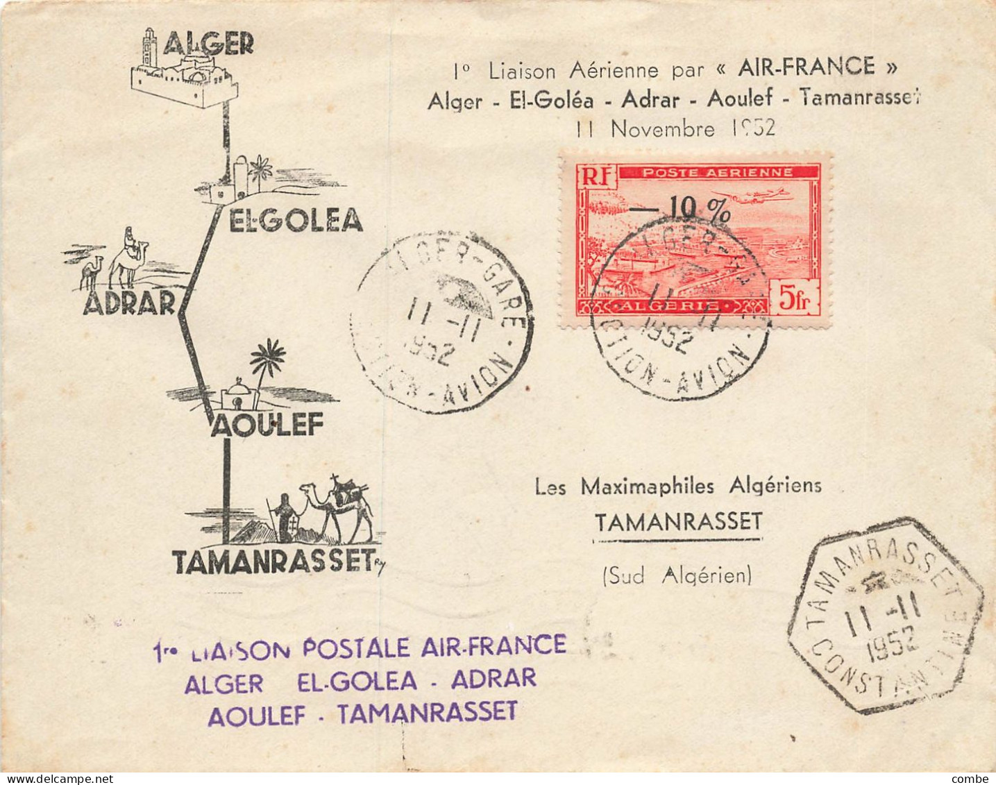 LETTRE. 11 11 52. 1° LIAISON AERIENNE PAR AIR FRANCE ALGER EL-GOLEA ADRAR AOULEF TAMANRASSET - Other & Unclassified