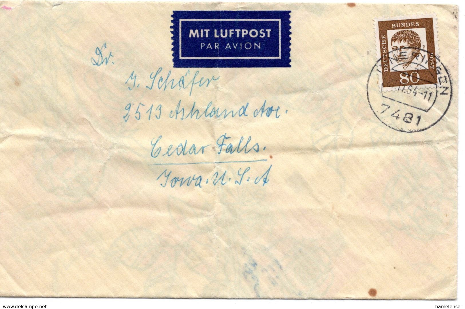 70746 - Bund - 1964 - 80Pfg Kleist EF A LpBf (buegig) INNERINGEN -> Cedar Falls, IA (USA) - Brieven En Documenten