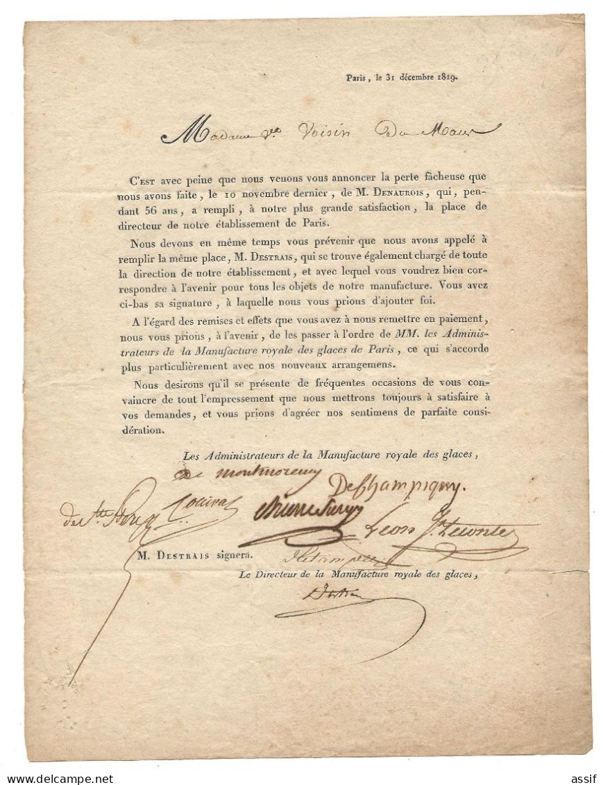 Manufacture Royale Des Glaces Paris 1819 Décès Denaurois ( De Naurois ) Destrais  Administrateurs Signatures  St-Gobain - Historical Documents