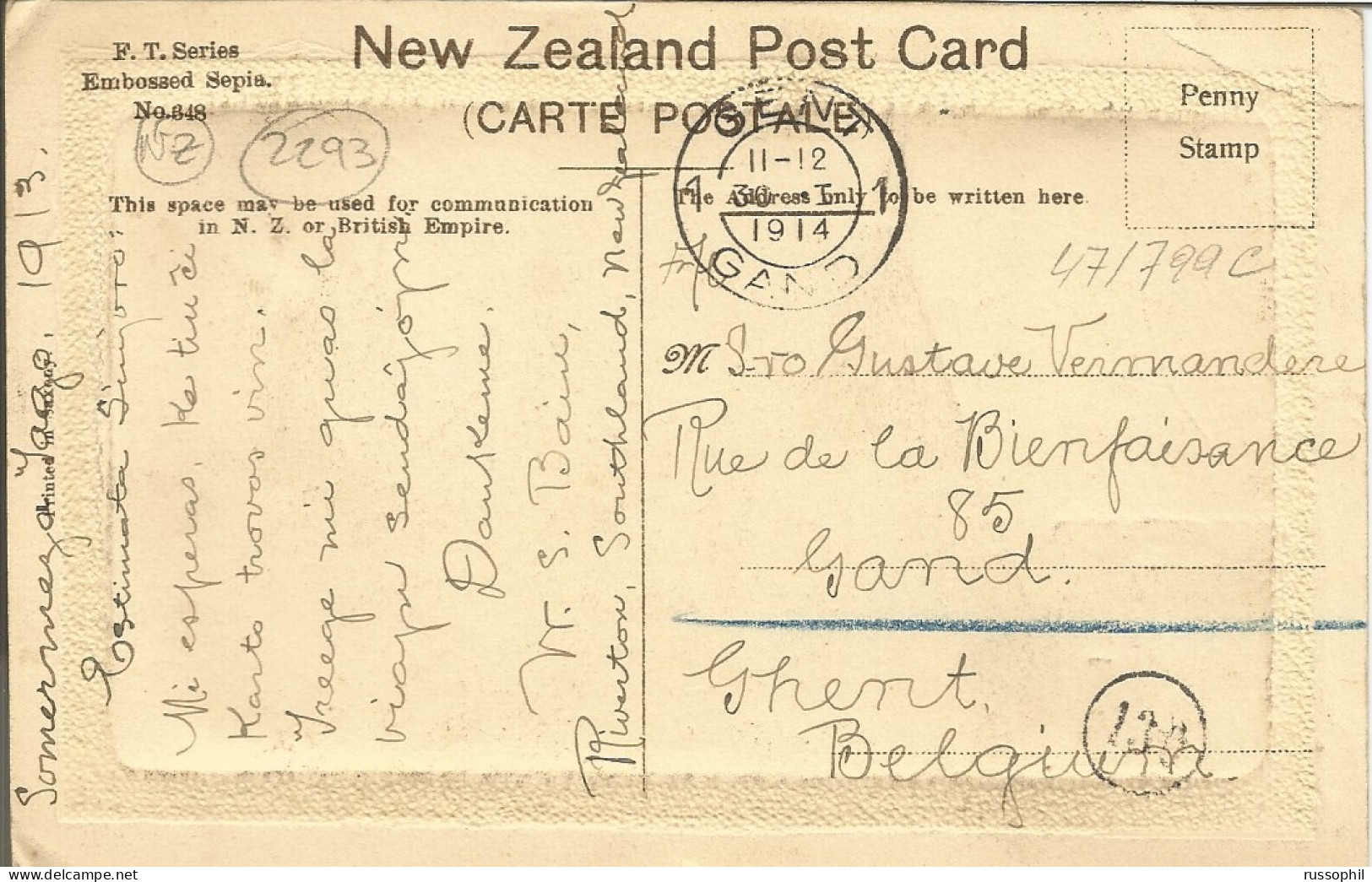 NZ - FRANKED PC (VIEW OF FRANZ JOSEF GLACIER) SENT FROM RIVERTON TO BELGIUM - 1913 - Briefe U. Dokumente